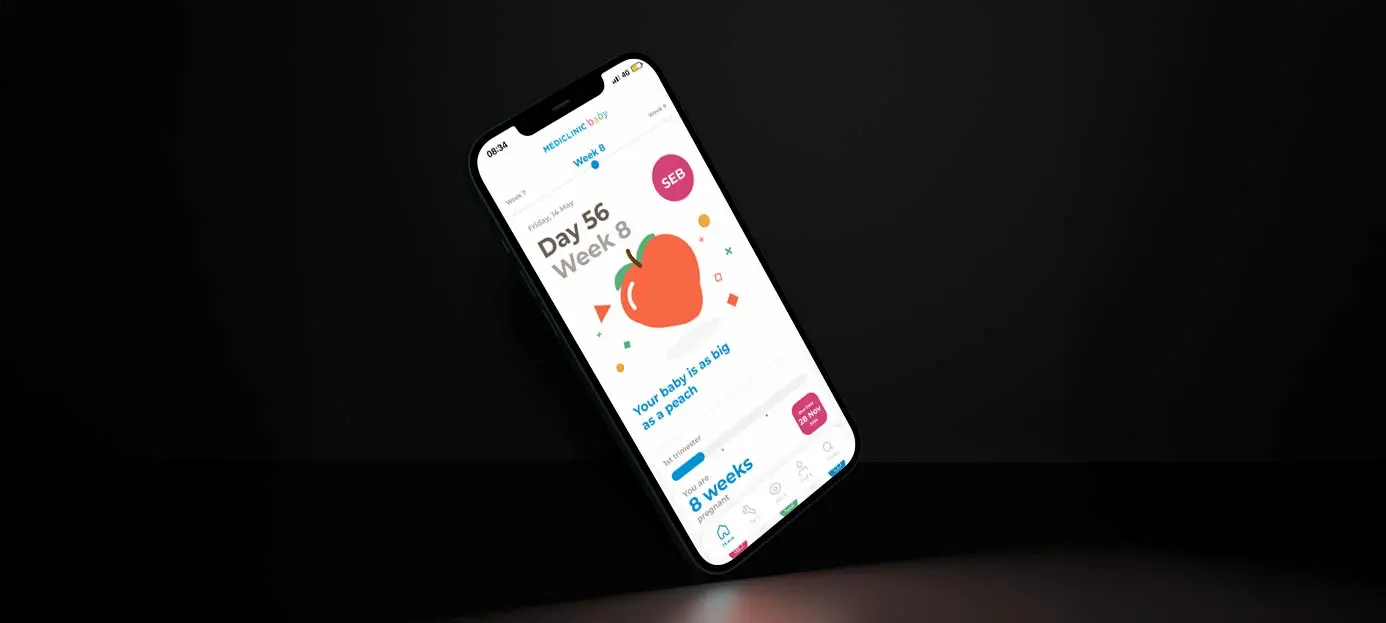 Mobile phone showing the Mediclinic Baby app